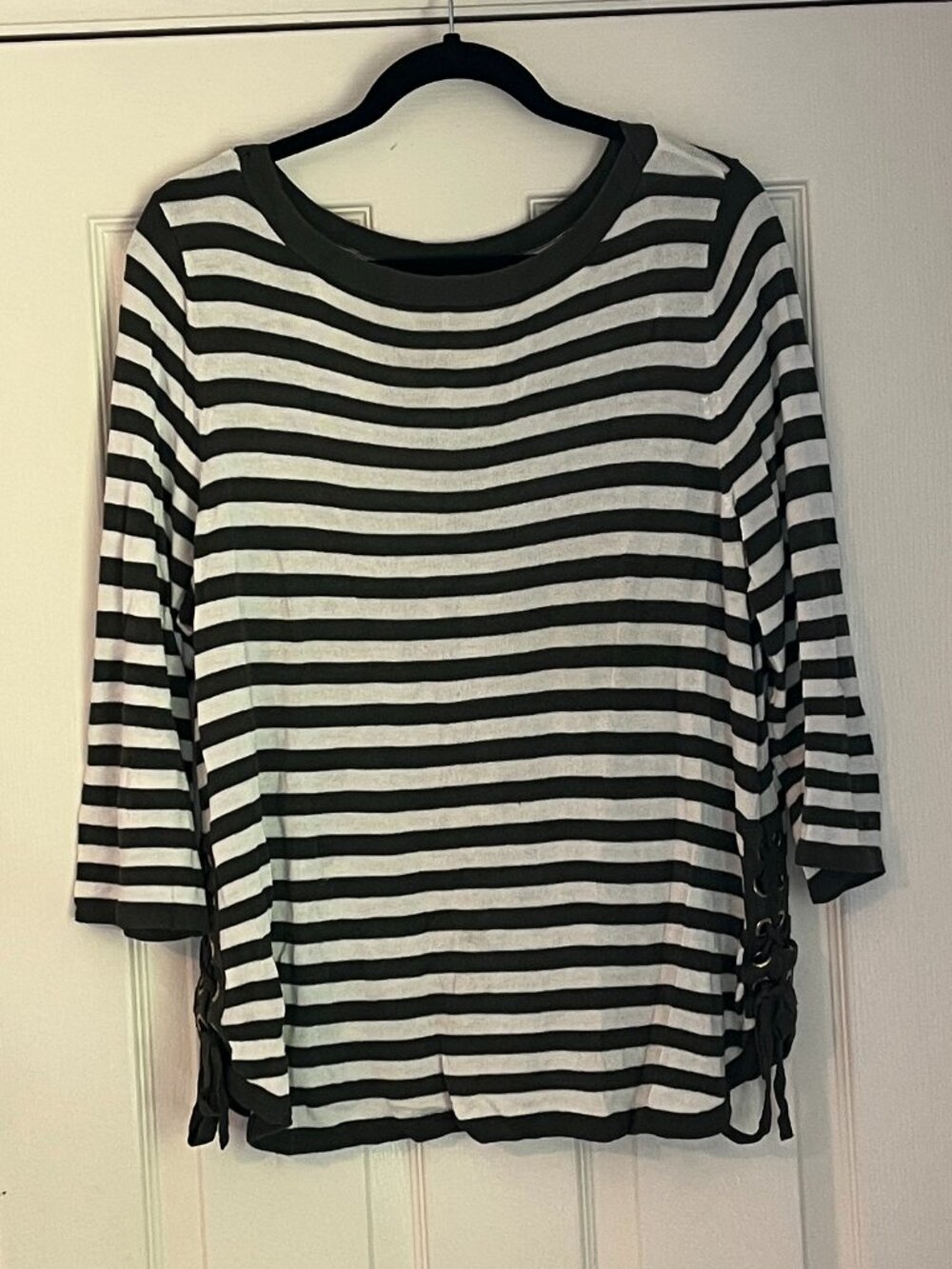 Chico's Green and White Striped Knit Three Quarter Sleeve Top
